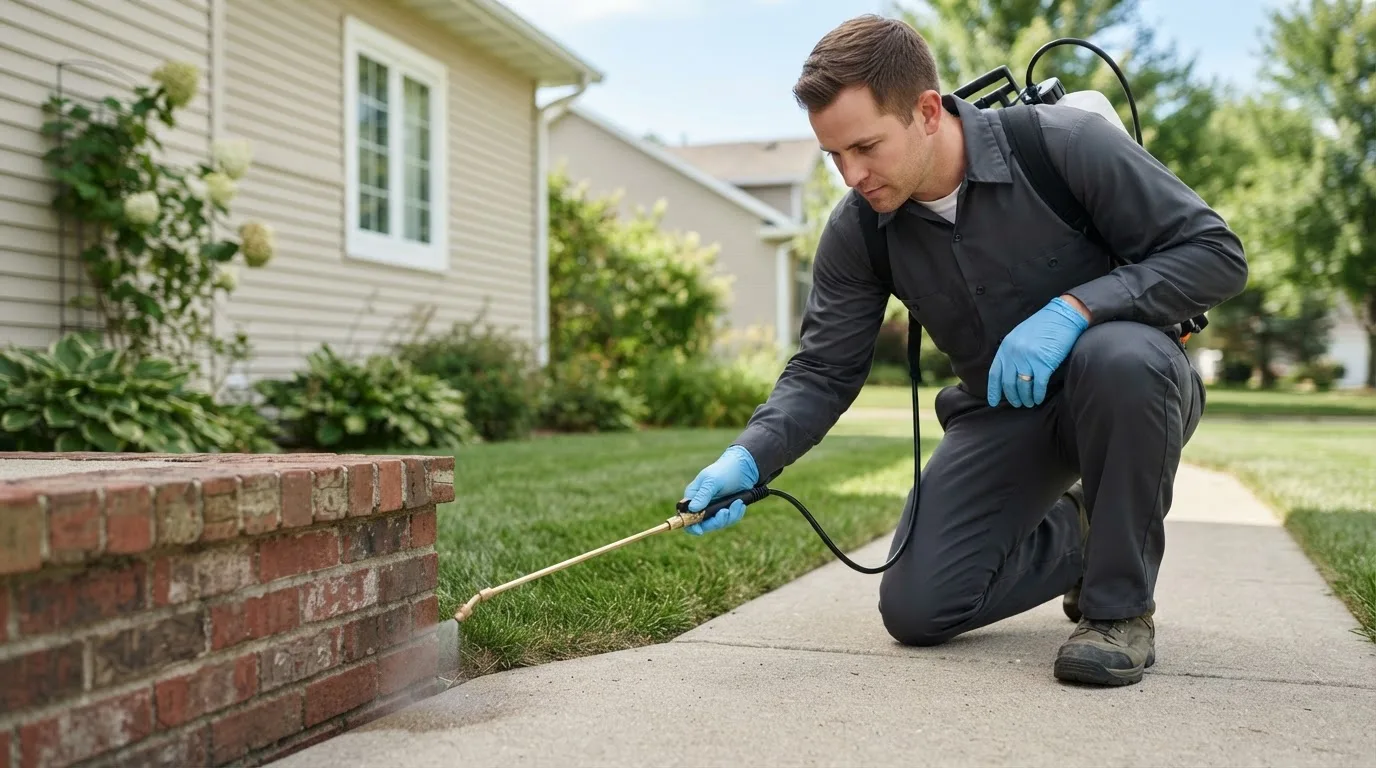Pest control technician treating a home near Orrington, ME